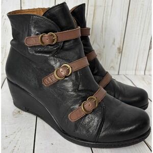Erin Michael Web Shoemakers Black Brown Leather Buckle Wedge Ankle Boots 7.5/38